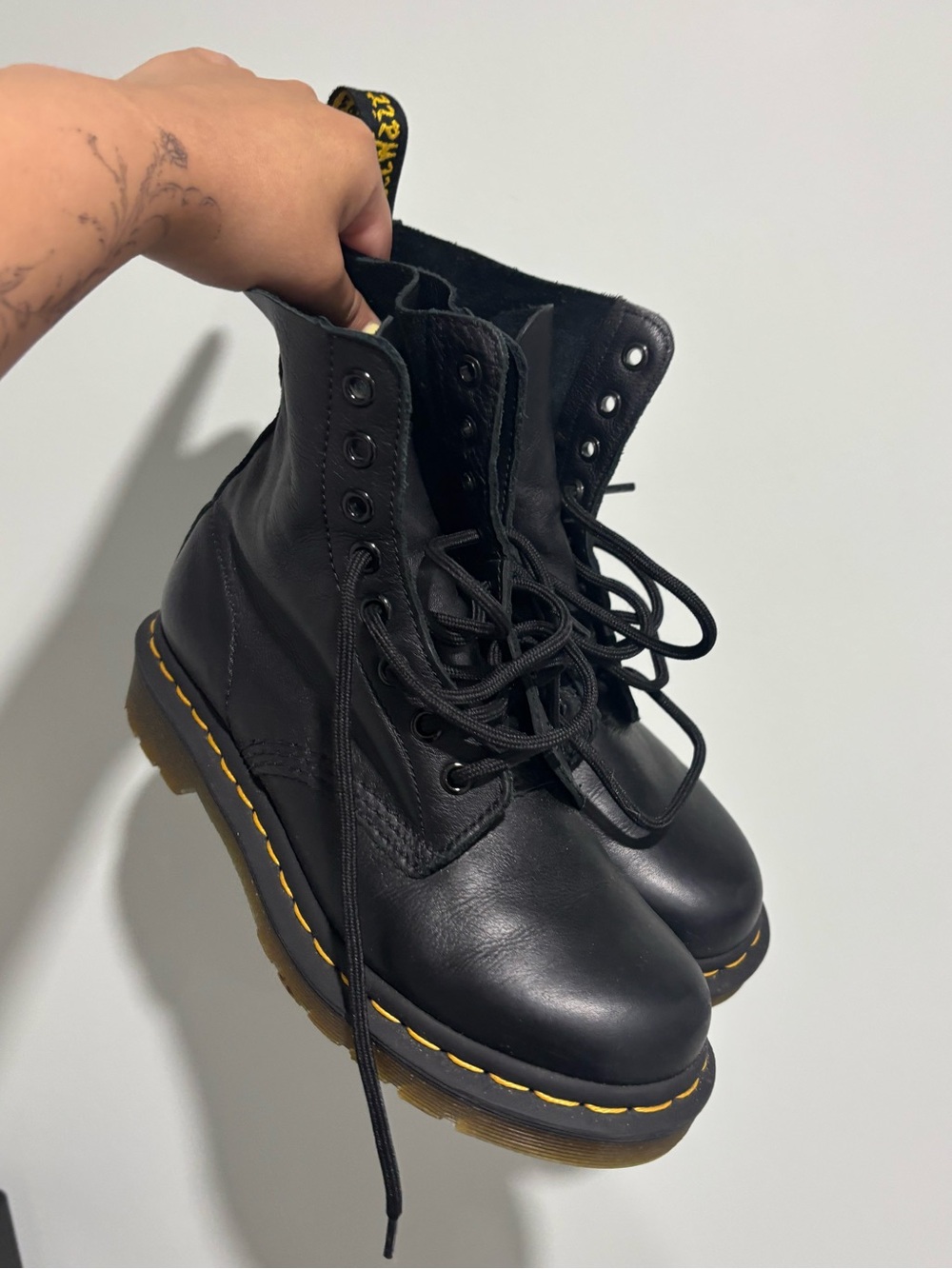 Dr. Martens Black Leather Lace-Up Boots with Yellow Welt Stitching